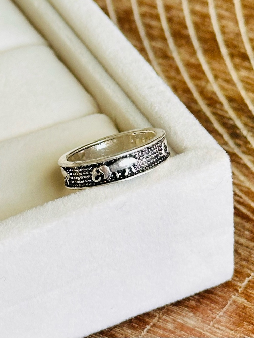 Silver Elephants Patterned Band Ring
